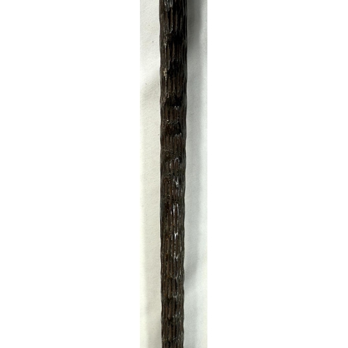 30 - An Edwardian ebonised walking stick with inlaid silver ribbon work and finial, 84cms, and two other ... 