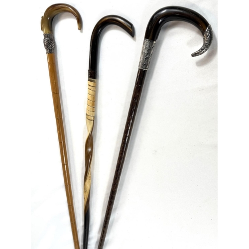 31 - Two vintage horn-handled sticks with white metal mounts, 91cms, and a twisted horn stick (3).