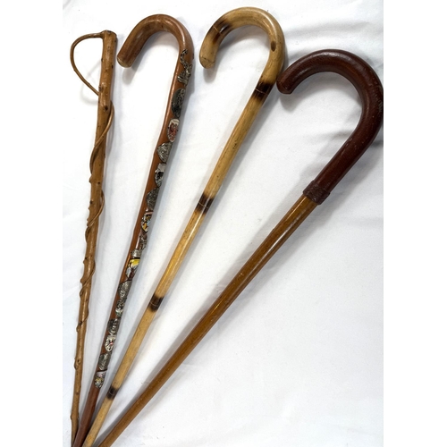 34 - A vintage Malacca stick with stitched leather handle, 92cms, and three others (4).