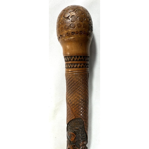 39 - A 19th Century Japanese bamboo walking cane with carved decoration of faunae, 89cm, and another with... 