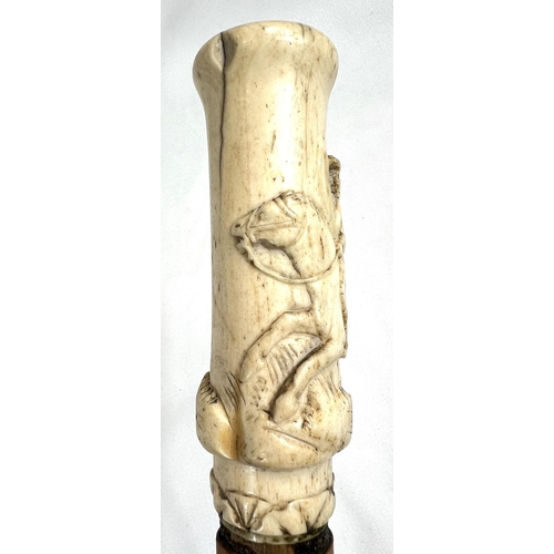 4 - A 19th Century ebony stick with carved ivory finial of a fierce dog, 89cms, and two other 19th Centu... 