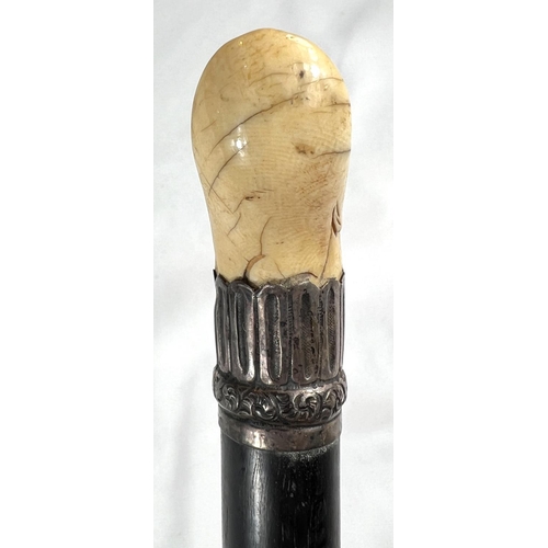 4 - A 19th Century ebony stick with carved ivory finial of a fierce dog, 89cms, and two other 19th Centu... 