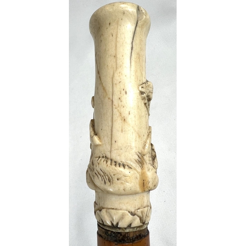 4 - A 19th Century ebony stick with carved ivory finial of a fierce dog, 89cms, and two other 19th Centu... 