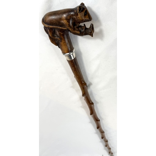 40 - A vintage branched wooden walking cane with carved rodent finial, 89cm.