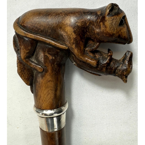 40 - A vintage branched wooden walking cane with carved rodent finial, 89cm.