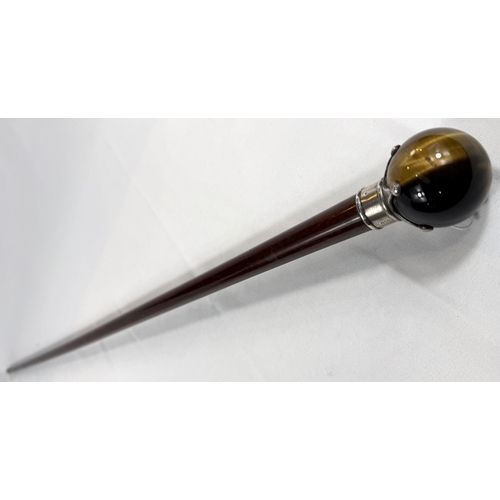 44 - A 19th Century hardwood walking cane with silver mounted spherical tiger's eye knob, 90cm.