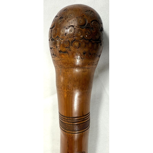 46 - A late 19th Century Japanese bamboo walking cane with carved naturalistic decoration, signed, 85cm.