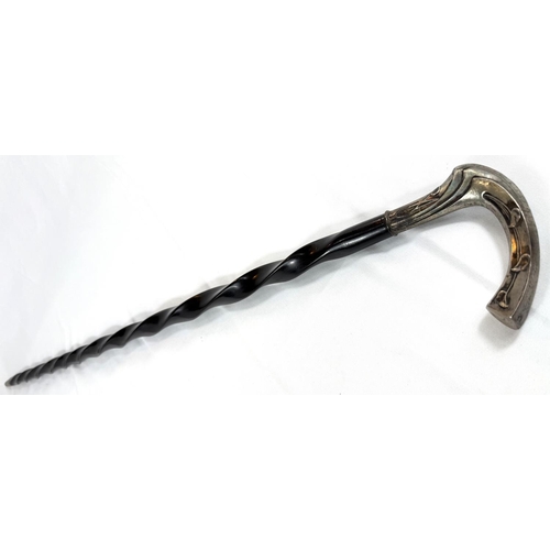 49 - An Art Nouveau continental walking stick with spiral ebony shaft and 800 standard silver handle, 90c... 