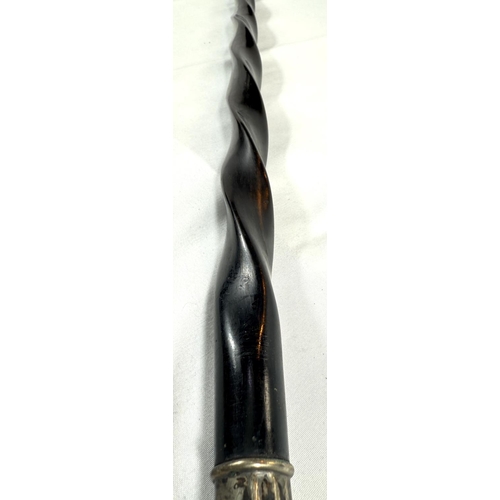 49 - An Art Nouveau continental walking stick with spiral ebony shaft and 800 standard silver handle, 90c... 