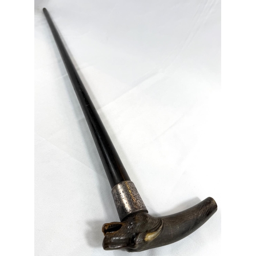 51 - A late 19th Century walking stick with ebony shaft, with silver-mounted carved horn handle, in the f... 