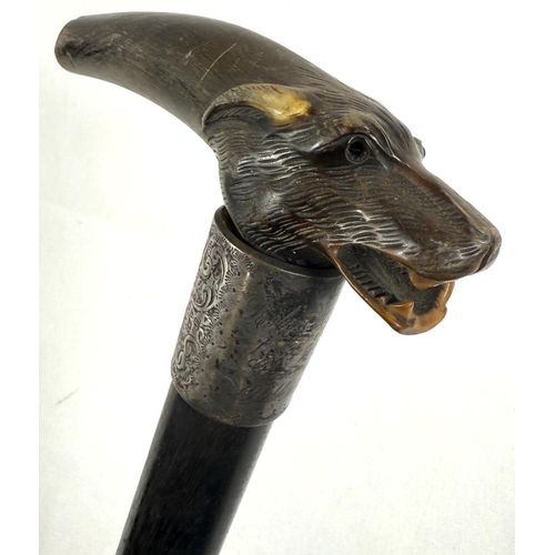 51 - A late 19th Century walking stick with ebony shaft, with silver-mounted carved horn handle, in the f... 