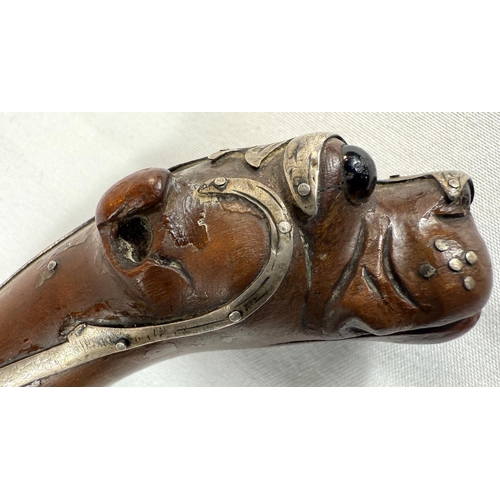 52 - A 19th Century walking stick, the looped handle with finial in the form of a dog's head, silver moun... 