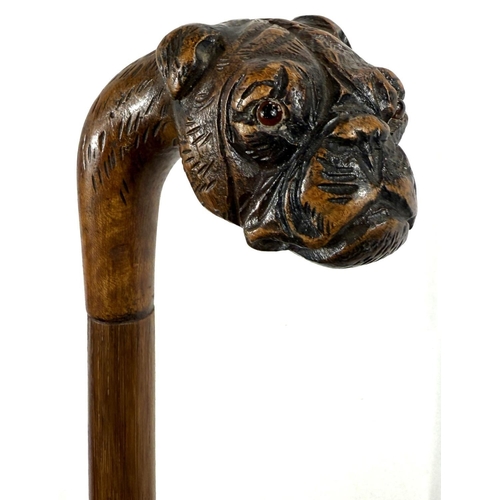 53 - A vintage walking stick with cane shaft and carved wood dog's head handle, 90cm.