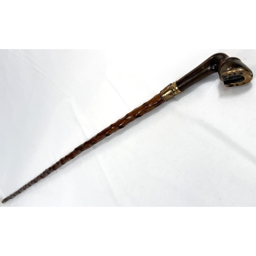 55 - A 19th Century sword stick with polished briar shaft and gilt metal mounted horn handle in the form ... 