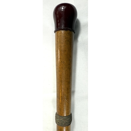 61 - A vintage polished sycamore walking cane with composition knop having a concealed torch, 90cm.