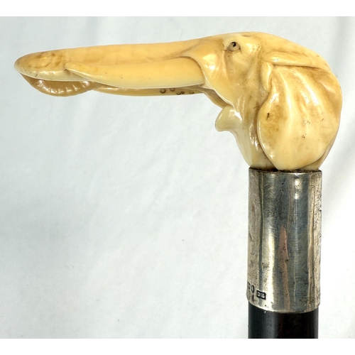 7 - A 19th Century walking stick with carved ivory elephant's head handle and silver band, 92cms, and si... 