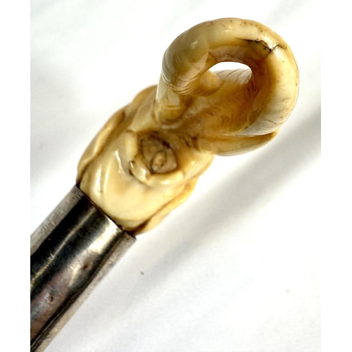 7 - A 19th Century walking stick with carved ivory elephant's head handle and silver band, 92cms, and si... 