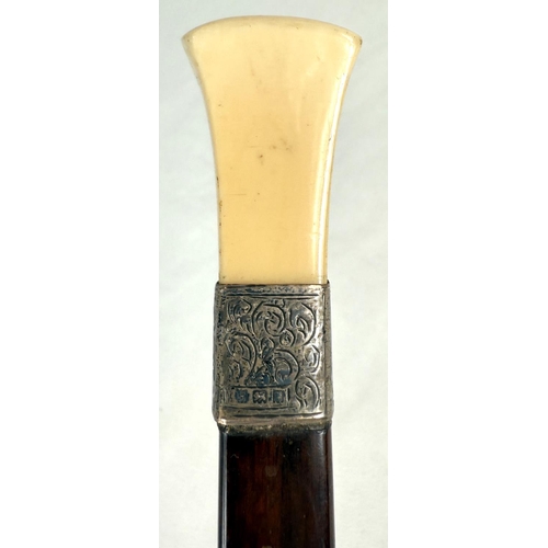 7 - A 19th Century walking stick with carved ivory elephant's head handle and silver band, 92cms, and si... 