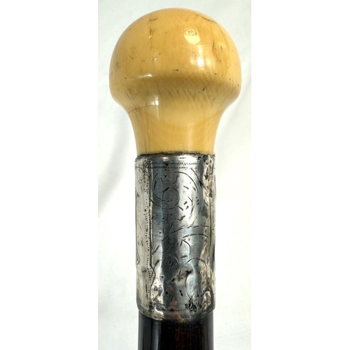 8 - A 19th Century Malacca cane with metal-mounted ivory ball finial, 87cms, and five similar sticks (6)... 