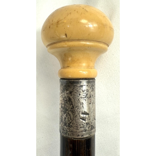 8 - A 19th Century Malacca cane with metal-mounted ivory ball finial, 87cms, and five similar sticks (6)... 