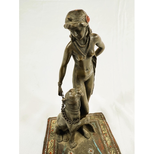 909A - After Franz Bergmann, cold painted bronze of nude female on rug, with tiger on chain, mark to base, ... 