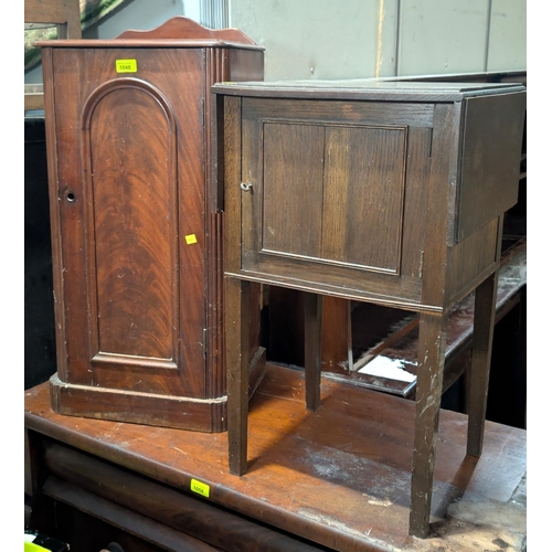 1048 - A Victorian mahogany bedside cupboard and a drop leaf bedside table; a free standing dressing table ... 