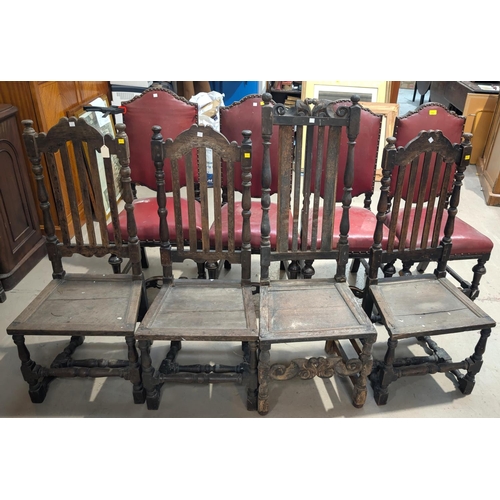 1062 - A set of 4 near matching late 19th century high back dining chairs in studded red leather effect; a ... 