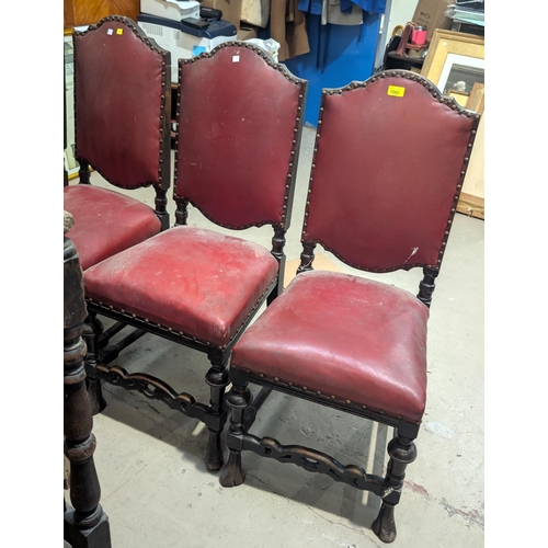 1062 - A set of 4 near matching late 19th century high back dining chairs in studded red leather effect; a ... 