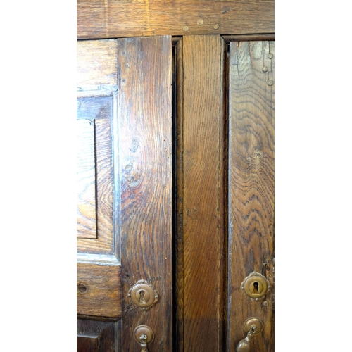 1075 - An 18th century oak full height bacon/housekeepers cupboard with moulded cornice, 2 doors with raise... 