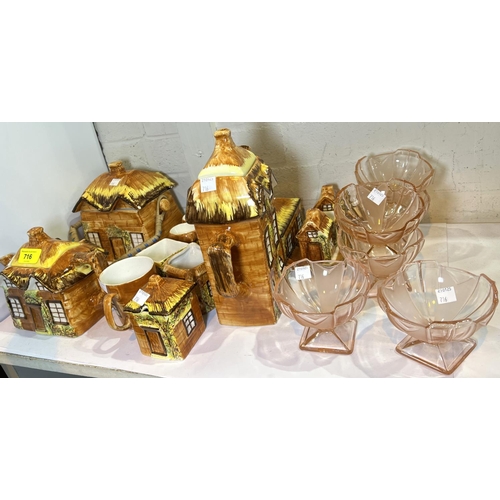 716 - Approximately 17 pieces of Price cottageware and a set of Dibor Aurielle Art Deco pink glass sundae ... 