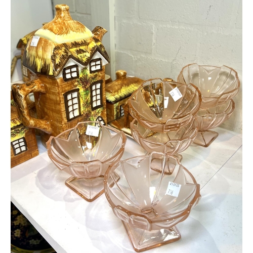 716 - Approximately 17 pieces of Price cottageware and a set of Dibor Aurielle Art Deco pink glass sundae ... 