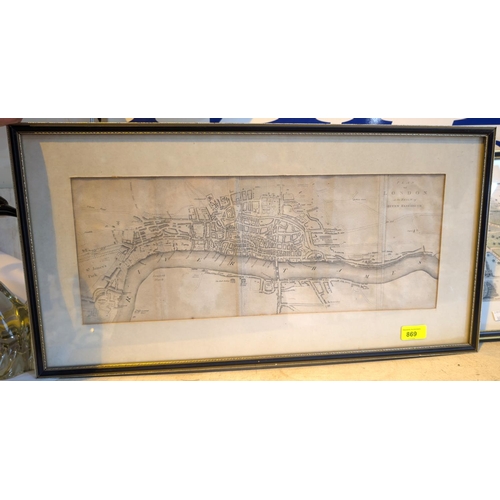 869 - An antique 'Plan of London in the Reign of Queen Elizabeth I' folded map framed and glazed, two othe... 