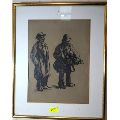 872 - Francis Dodd RA (1874-1949) charcoal study of a man playing a hurdy gurdy and another man, signed, 3... 