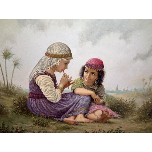 885 - Antonio Fuertes (1940), Two young Middle Eastern girls in landscape, one playing a pipe, oil on canv... 