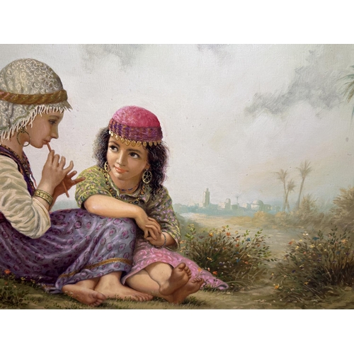 885 - Antonio Fuertes (1940), Two young Middle Eastern girls in landscape, one playing a pipe, oil on canv... 