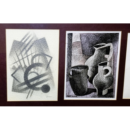 889 - Trevor Grimshaw, abstract: Geoffrey Key, jugs and Alan J. Thompson, vase of flowers, three artist si... 