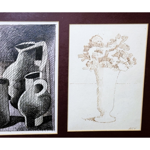 889 - Trevor Grimshaw, abstract: Geoffrey Key, jugs and Alan J. Thompson, vase of flowers, three artist si... 