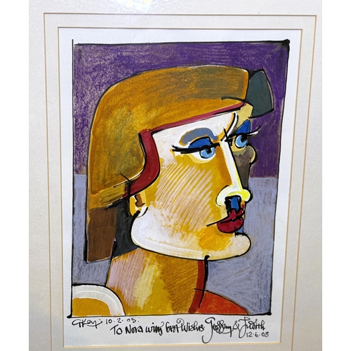 892 - Geoffrey Key, abstract portrait of a woman's head, watercolour, signed and with dedication, 35 x 23c... 