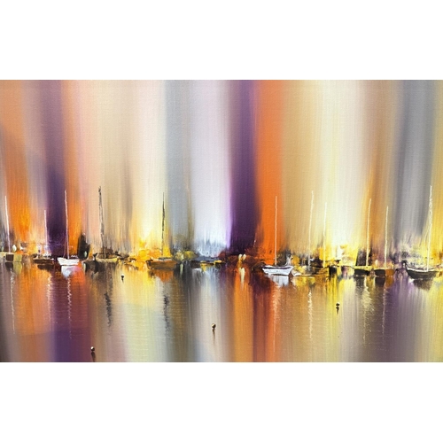 893 - Philip Gray (Irish born 1959-) Moored yachts at sunset, oil on canvas, signed 41 x 123cm, framed.