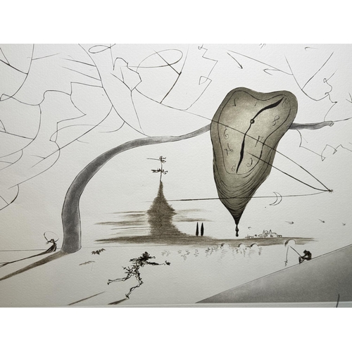 894 - Salvador Dali, figure running along a beach, church and 'melting clock' in the background, artist si... 