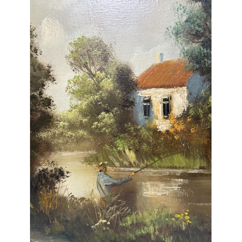 901 - 20th Century river scene with fisherman and cottages, oil on canvas, signed indistinctly, 60x50cm, f... 