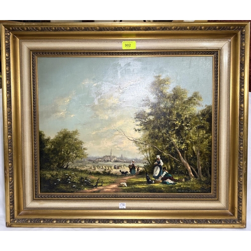 902 - Gudrun Gibbons, country scene with figures picnicking, church in background, oil on canvas, signed, ... 