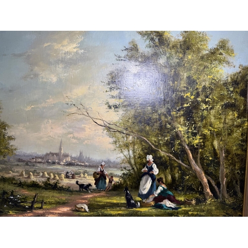 902 - Gudrun Gibbons, country scene with figures picnicking, church in background, oil on canvas, signed, ... 