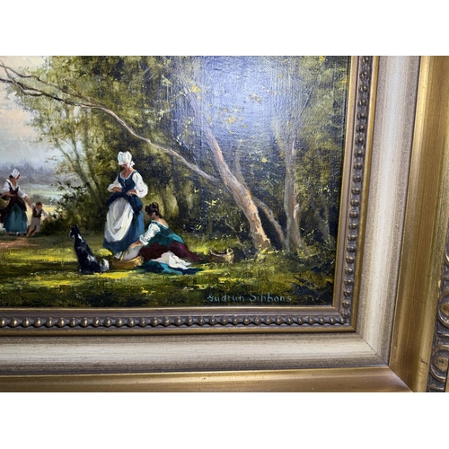 902 - Gudrun Gibbons, country scene with figures picnicking, church in background, oil on canvas, signed, ... 