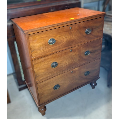 992 - A 19th century mahogany chest of 3 long drawers with brass drop handles and bun feet, 97 x 81cm