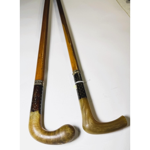 155 - Two 19th Century walking sticks, each with gilt metal mounted tortoiseshell collars and horn handles... 