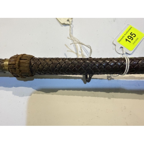 195 - A 19th Century Spanish stick with plaited leather handle concealing a spike, the button finial inset... 