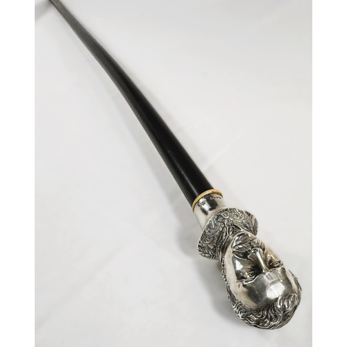 227 - A Victorian ebonised walking stick with silver portrait bust finial of General Gordon, London, 1885,... 