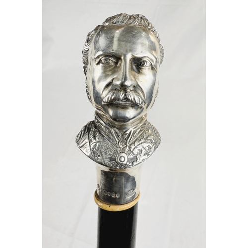 227 - A Victorian ebonised walking stick with silver portrait bust finial of General Gordon, London, 1885,... 