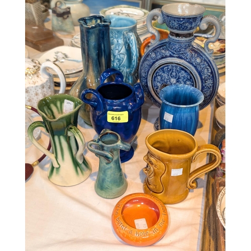 616 - A selection of Studio pottery jugs including a 3 handled Allen Dale jug, a similar marked Baron Barn... 